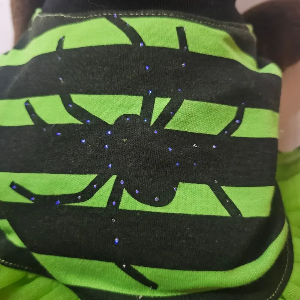 Small Dog Halloween Green/Black Stripe Lighted Spider + Christmas Dress Costumes